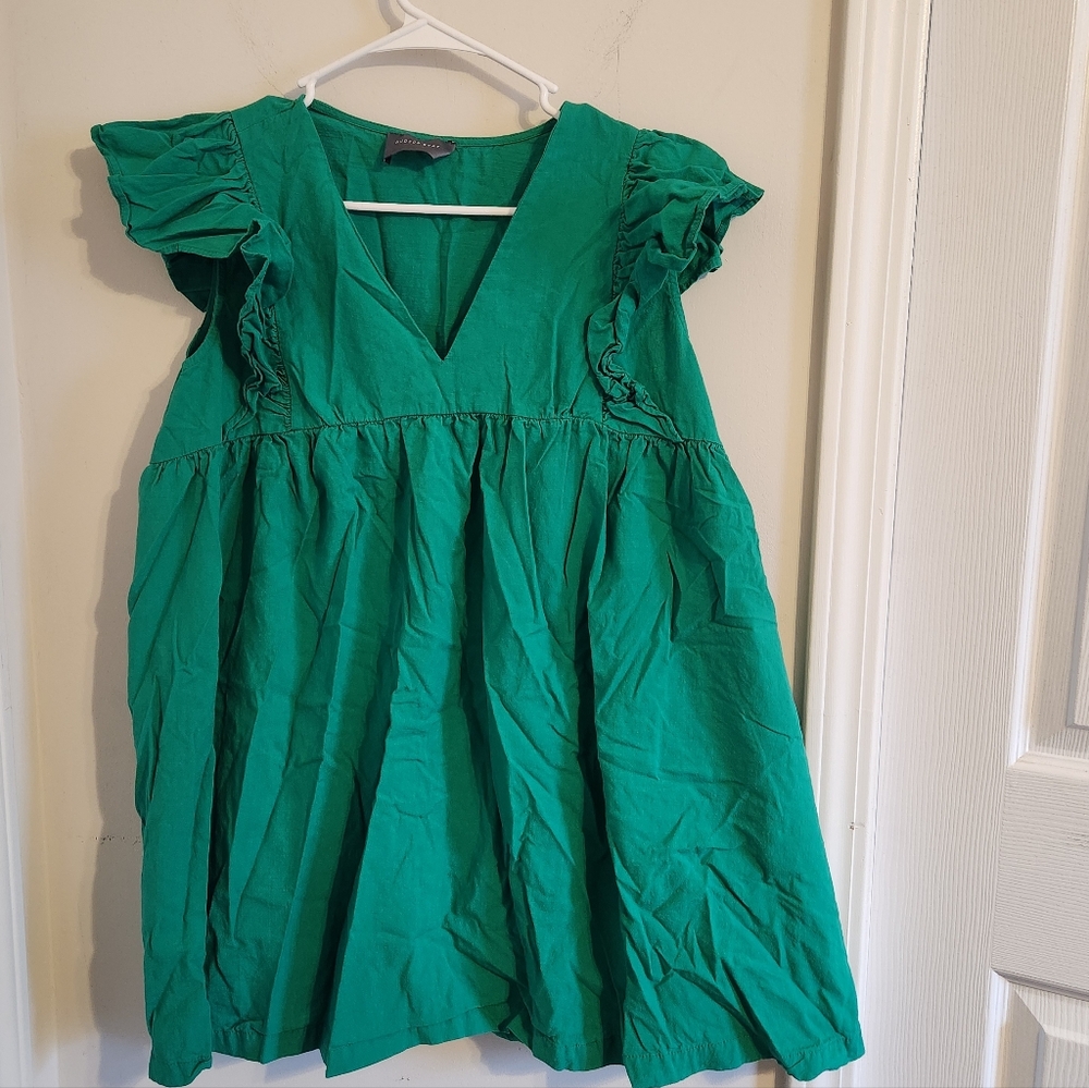 Hudson Gray 100% Cotton Ruffle Sleeve V-Neck Green Babydoll Dress Large